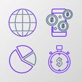 Set line Time is money, Pie chart infographic, Smartphone with dollar symbol and Earth globe icon. Vector