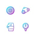 Set line Tire pressure gauge, Car door, Alloy wheel for car and Timing belt kit. Gradient color icons. Vector