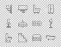 Set line Toilet bowl, Bathtub, Armchair, Staircase, Wall sconce, Chandelier, Sofa and Floor lamp icon. Vector