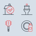 Set line Toilet bowl, brush, Dishwashing bottle and plate and Home cleaning service icon. Vector