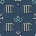 Set line Toilet bowl, Heating radiator and Chandelier on seamless pattern. Vector Royalty Free Stock Photo