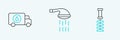 Set line Toilet brush, Plumber service car and Shower icon. Vector