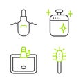 Set line Toilet brush, Washbasin, Clean cooking pot and Kitchen apron icon. Vector