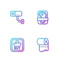 Set line Toilet paper roll, Buy button, Security camera and Meat packaging steak. Gradient color icons. Vector Royalty Free Stock Photo