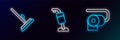 Set line Toilet paper roll, Mop and Vacuum cleaner icon. Glowing neon. Vector