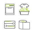 Set line Toilet paper roll, Towel stack, Plastic basin with soap suds and Washer icon. Vector