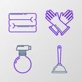 Set line Toilet plunger, Rubber gloves and Towel stack icon. Vector