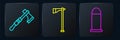 Set line Tomahawk axe, Bullet and Tomahawk axe. Black square button. Vector