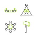 Set line Tomahawk axe, Hexagram sheriff, Indian teepee or wigwam and Kayak canoe and paddle icon. Vector Royalty Free Stock Photo