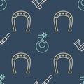 Set line Tomahawk axe, Horseshoe and Bomb ready to explode on seamless pattern. Vector