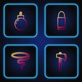 Set line Tomahawk axe, Lasso, Bomb ready to explode and Bullet. Gradient color icons. Vector