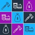 Set line Tomahawk axe, Money bag and Retro train icon. Vector
