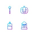 Set line Tombstone with RIP written, Burning candle, Magic wand and Pumpkin. Gradient color icons. Vector