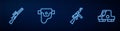 Set line Tommy gun, Hunting, Gun holster and Collimator sight. Glowing neon icon on brick wall. Vector