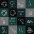 Set line Tool allen keys, Bicycle, sprocket crank, speedometer, brake disc, ball bearing, helmet and handlebar icon Royalty Free Stock Photo