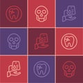Set line Tooth with caries, Blood donation and Skull icon. Vector Royalty Free Stock Photo