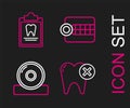 Set line Tooth with caries, Otolaryngological head reflector, Dentures model and Clipboard dental card icon. Vector