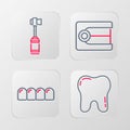 Set line Tooth, Dentures model, and Toothbrush icon. Vector