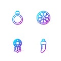 Set line Tooth, Dream catcher with feathers, Canteen water bottle and Old wooden wheel. Gradient color icons. Vector