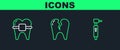 Set line Tooth drill, Teeth with braces and Broken tooth icon. Vector
