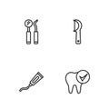 Set line Tooth, Tube of toothpaste, Dental mirror and probe and floss icon. Vector