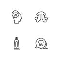 Set line Tooth, Tube of toothpaste, Toothache and Dental plate icon. Vector