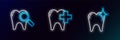 Set line Tooth whitening concept, Dental search and clinic for dental care tooth icon. Glowing neon. Vector