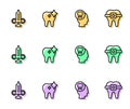 Set line Toothache, Syringe, whitening and Teeth with braces icon. Vector