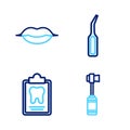 Set line Toothbrush, Dental card, explorer scaler and Smiling lips icon. Vector