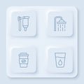 Set line Toothbrush and toothpaste, Shower head, Coffee cup go and Glass with water. White square button. Vector Royalty Free Stock Photo