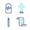 Set line Torah scroll, Burning candle, Christian cross and Easter cake icon. Vector