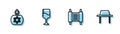 Set line Torah scroll, Burning candle, Jewish goblet and Orthodox jewish hat icon. Vector