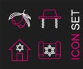 Set line Torah scroll, Jewish synagogue, Orthodox jewish hat and Olives branch icon. Vector