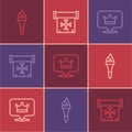 Set line Torch flame, King crown and Crusade icon. Vector Royalty Free Stock Photo