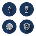 Set line Torch flame, Medieval goblet, Round wooden shield and Shield with crown with long shadow. Blue circle button Royalty Free Stock Photo
