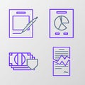 Set line Torn contract, Money with shield, Document graph chart and Blank notebook and pen icon. Vector