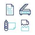 Set line Torn document, Roll of paper, Scanner and Document with graph chart icon. Vector