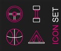 Set line Tourist tent, Basketball ball, Dumbbell and Steering wheel icon. Vector