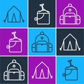 Set line Tourist tent, Hiking backpack and Sand in bucket with shovel icon. Vector