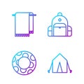 Set line Tourist tent, Rubber swimming ring, Towel on a hanger and Hiking backpack. Gradient color icons. Vector