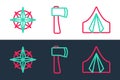 Set line Tourist tent, Wind rose and Wooden axe icon. Vector