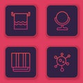 Set line Towel on a hanger, stack, Round makeup mirror and Virus. Blue square button. Vector