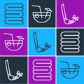 Set line Towel stack, Snorkel and Coconut cocktail icon. Vector