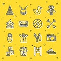 Set line Toy building block bricks, Photo camera, Arrow with sucker tip, Rubber duck, piano, Robot toy, Pyramid and