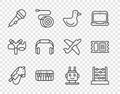 Set line Toy horse, Abacus, Rubber duck, Music synthesizer, Microphone, Headphones, Robot toy and Circus ticket icon