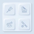 Set line Toy horse, Roller skate, Horse in saddle swing and Baseball bat with ball. White square button. Vector
