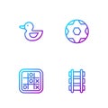 Set line Toy railway, Tic tac toe game, Rubber duck and Soccer football ball. Gradient color icons. Vector Royalty Free Stock Photo