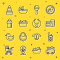 Set line Toy train, Baby Monitor Walkie Talkie, food, Rattle baby toy, bathtub, bottle, Pyramid and bib icon. Vector Royalty Free Stock Photo