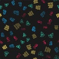 Set line Toy train, boat, Drum with drum sticks and Trumpet on seamless pattern. Vector Royalty Free Stock Photo
