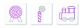 Set line Toy train, Target and Birthday party horn icon. Vector